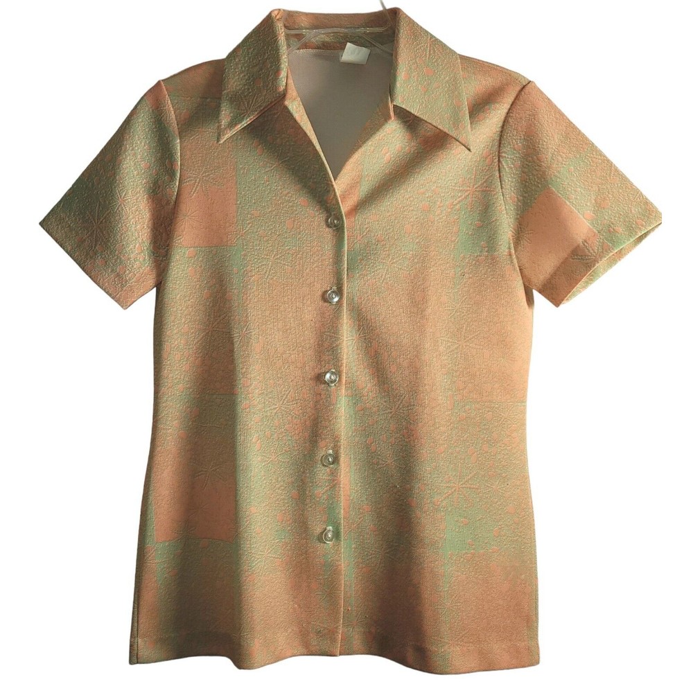 Vintage Women S Starburt Polyester Melon Orange Green Short Sleeve Shirt 60s 70s